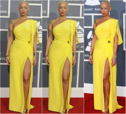 Amber Rose Yellow One Shoulder Dress 2012 Grammy Award Red Carpet