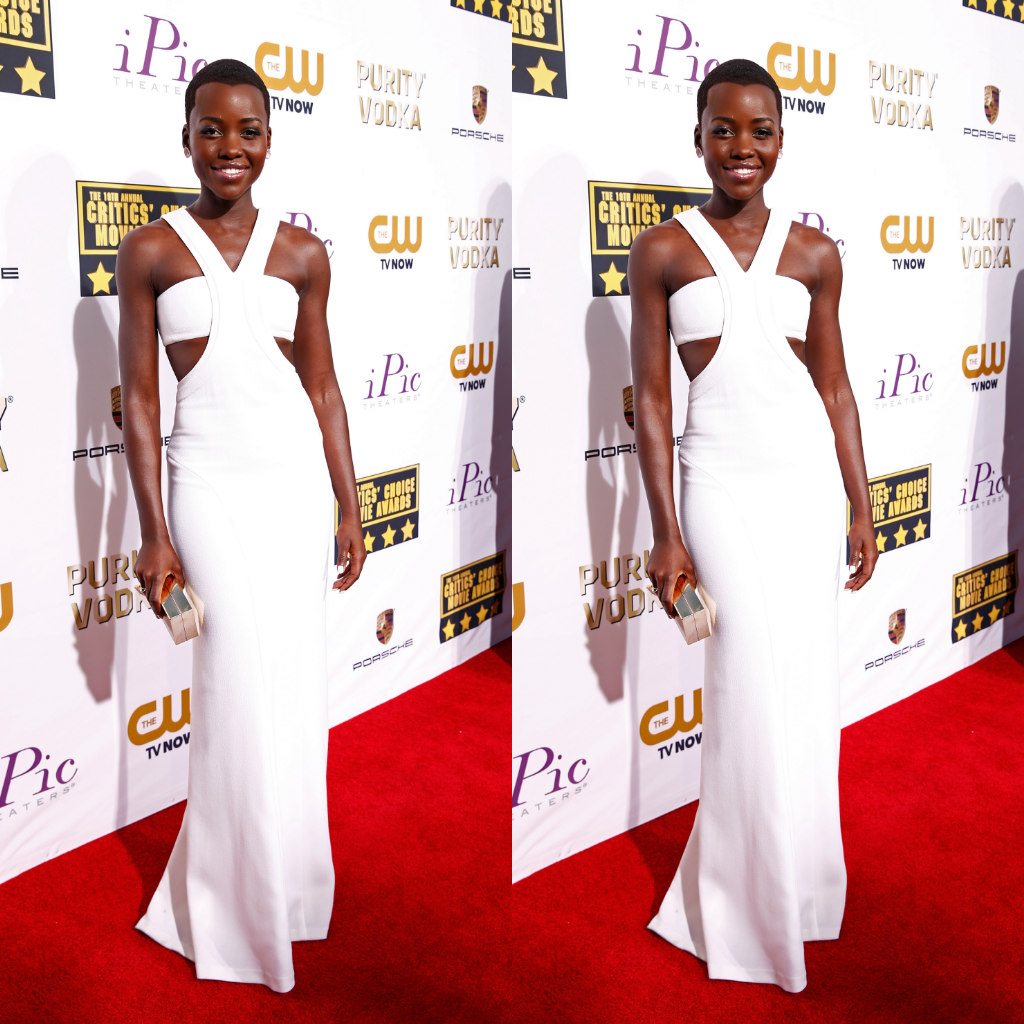 White Calvin Klein Dress Lupita Nyongo Outfit To Critics Choice Awards