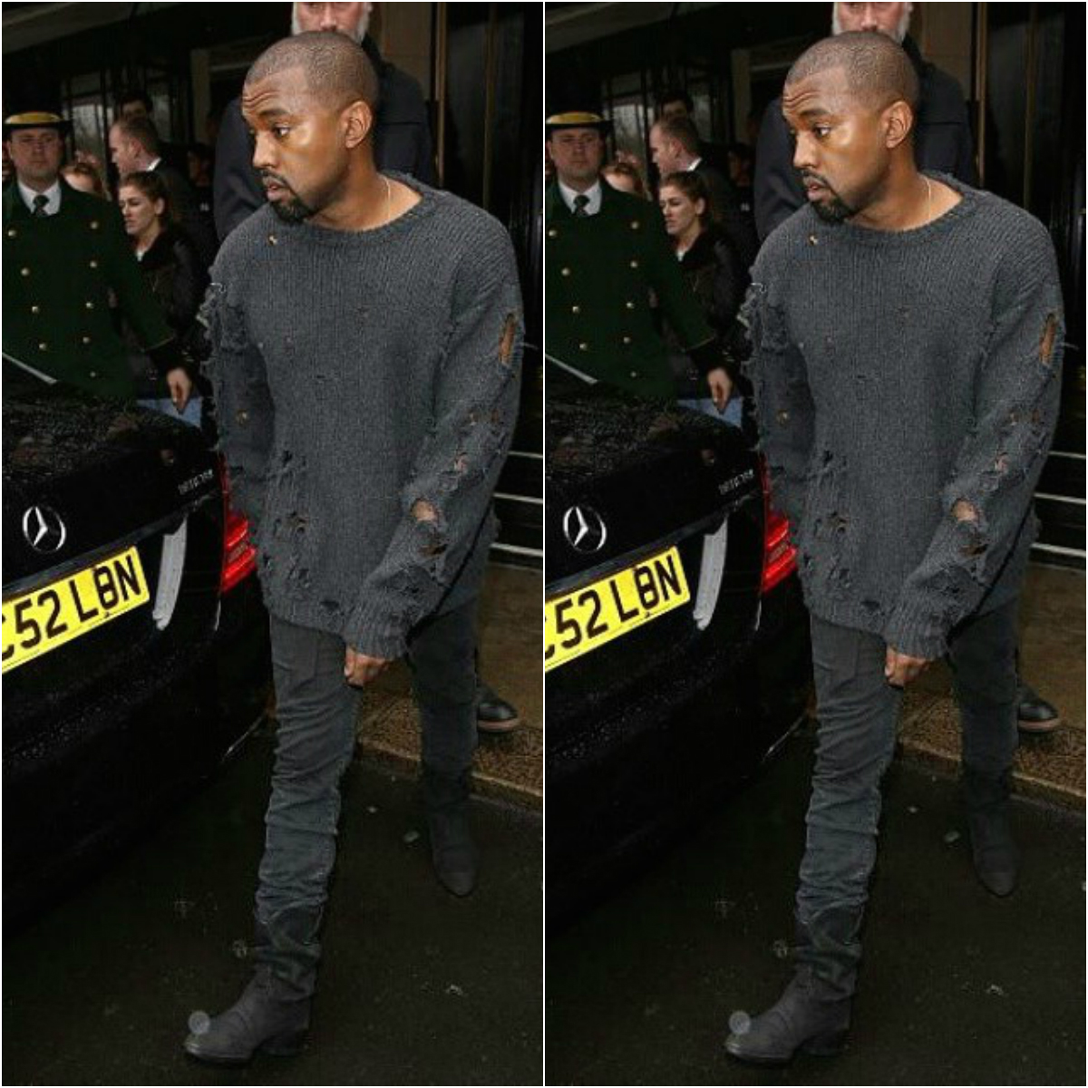 Kanye West in a tattered sweatshirt.