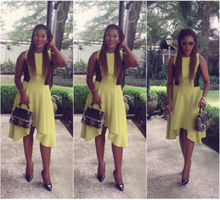 Stephanie Linus Okereke Chic And Trendy In Black And Lime Dress