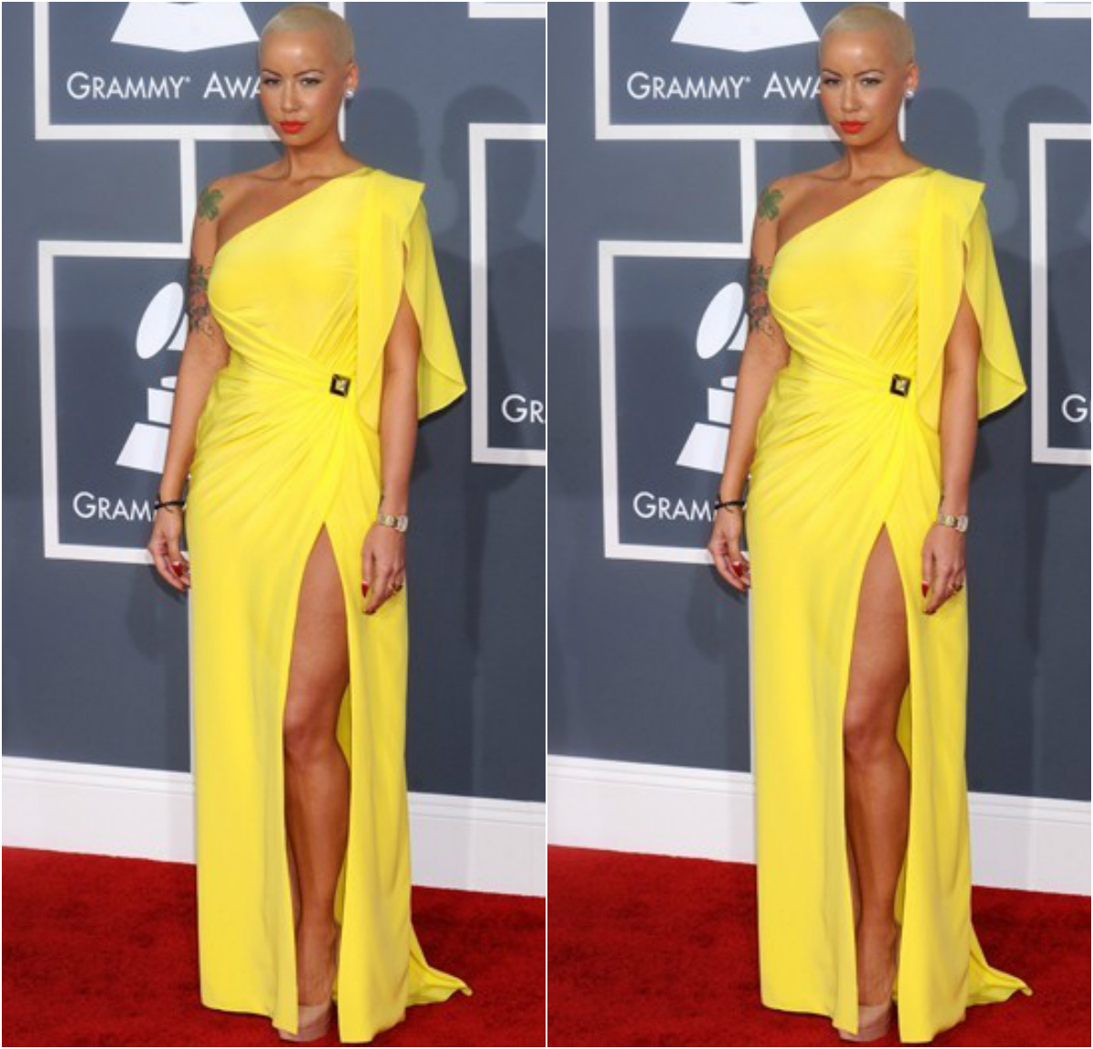 Amber Rose Yellow One Shoulder Dress 2012 Grammy Award Red Carpet