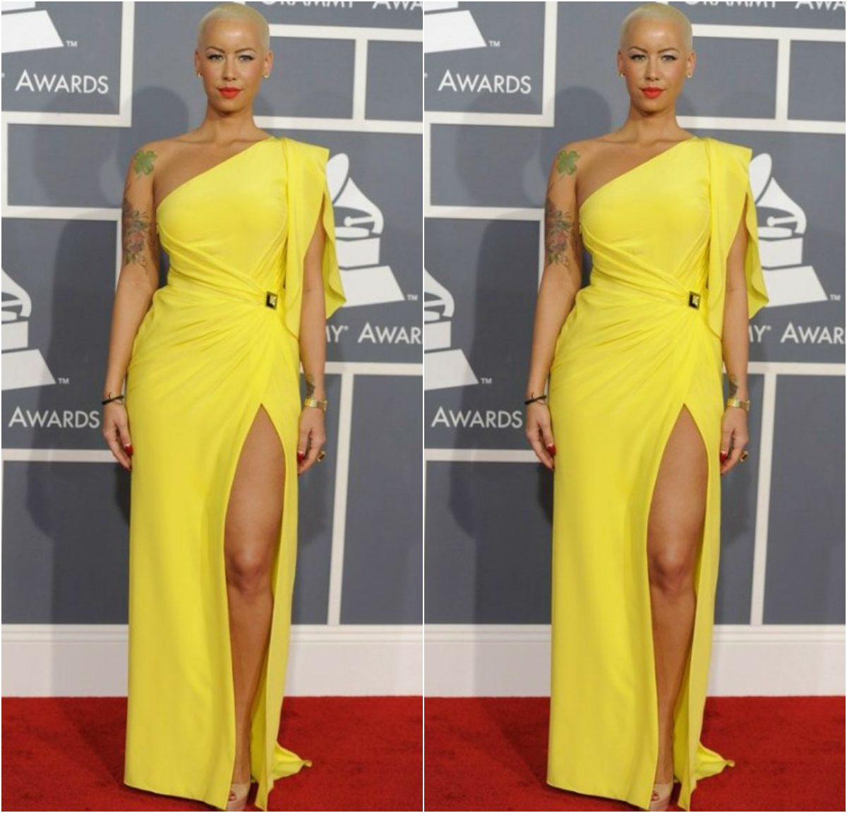 Amber Rose Yellow One Shoulder Dress 2012 Grammy Award Red Carpet