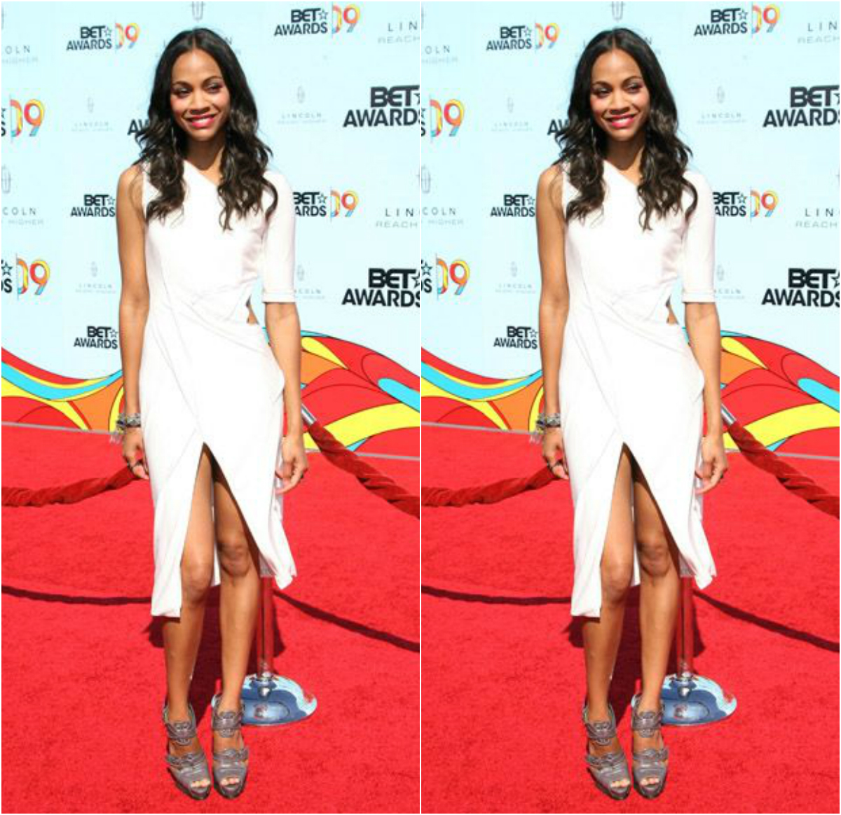 Zoe Saldana One Shouldered White Kelvin Klein Dress To BET Awards